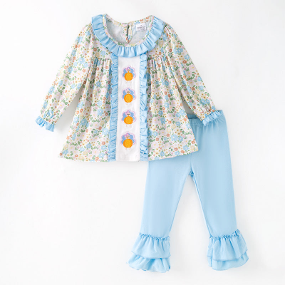 Turkey Embroidery Smock Set ft. Blue Ruffles & Floral Print