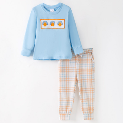 Boys Turkey Embroidery Blue Long Sleeve Top & Pattern Pants Set