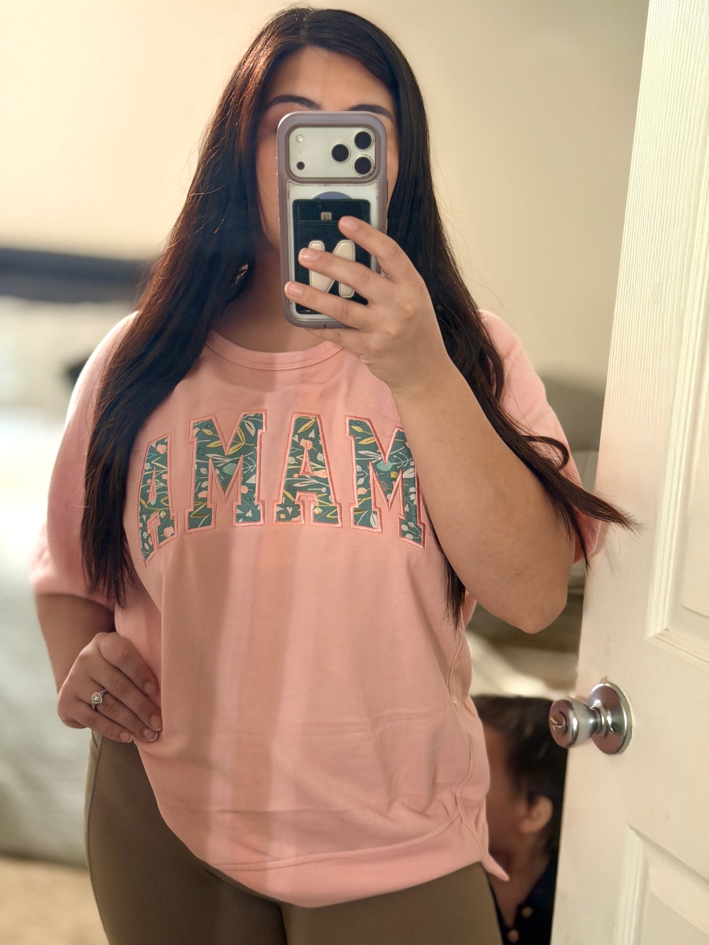 MAMA Floral Applique Embroidery Oversized Shirt