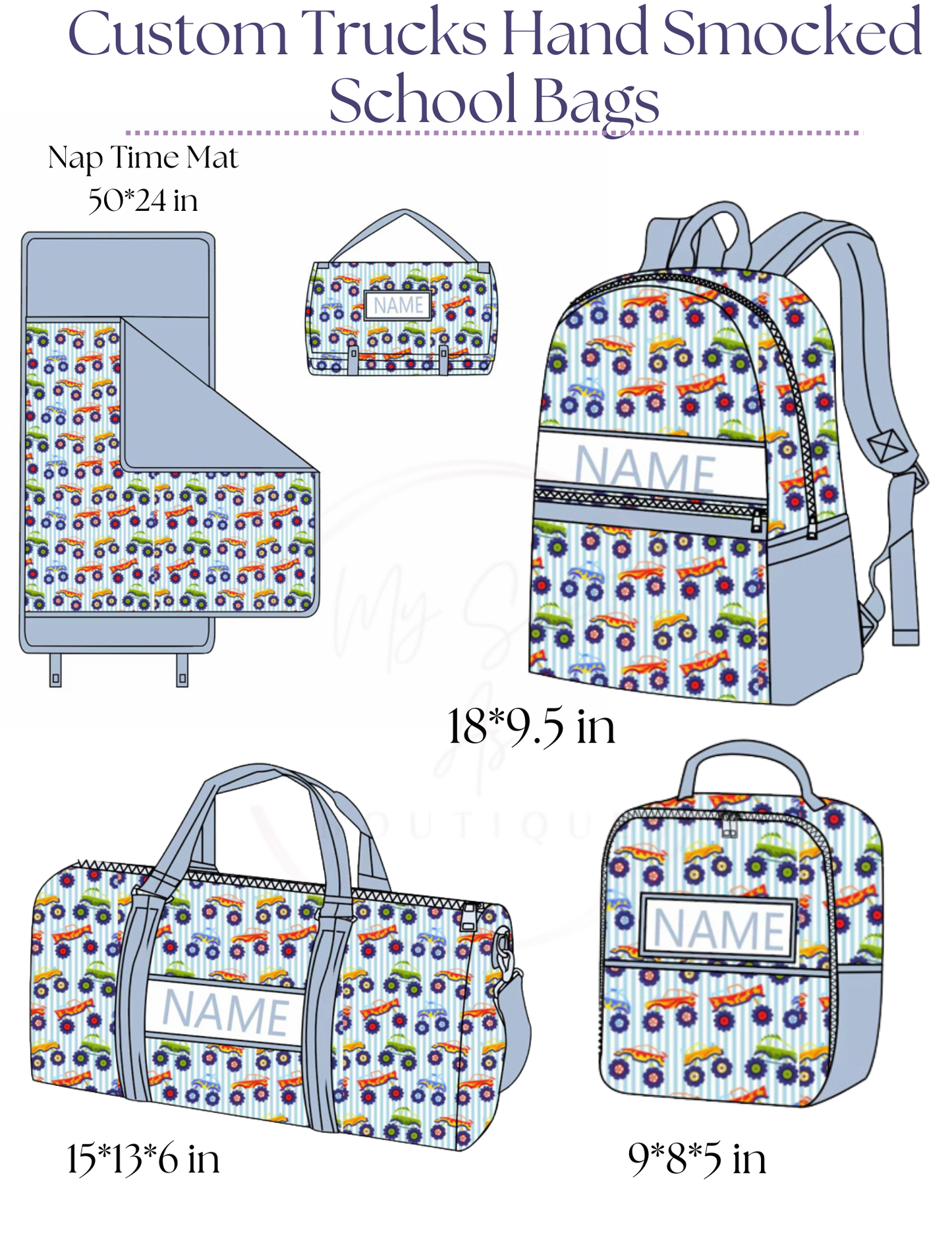 Custom Trucks Hand Smocked School Bags