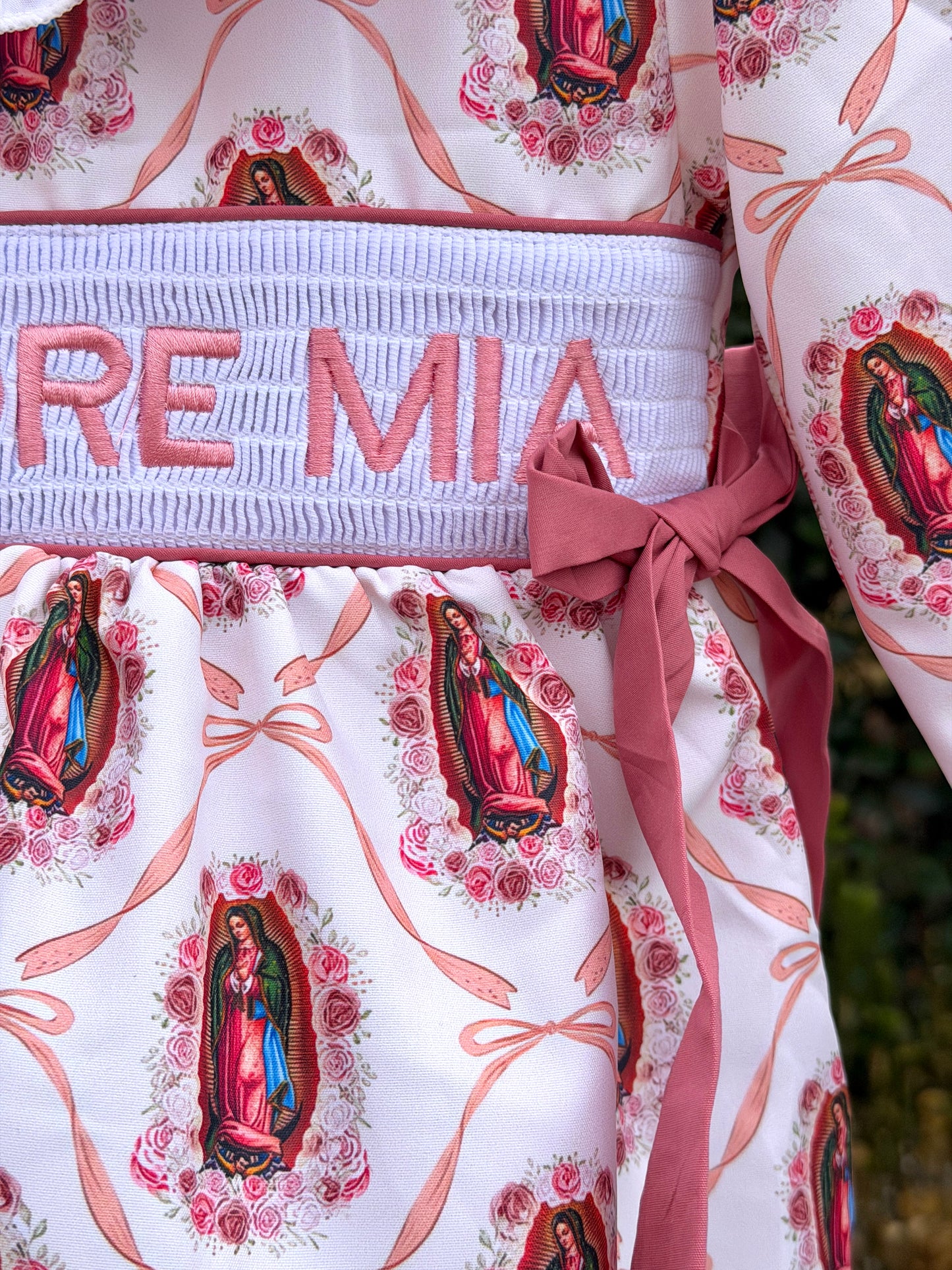 “Madre Mia” Embroidery Virgencita & Bows Print Smock Dress