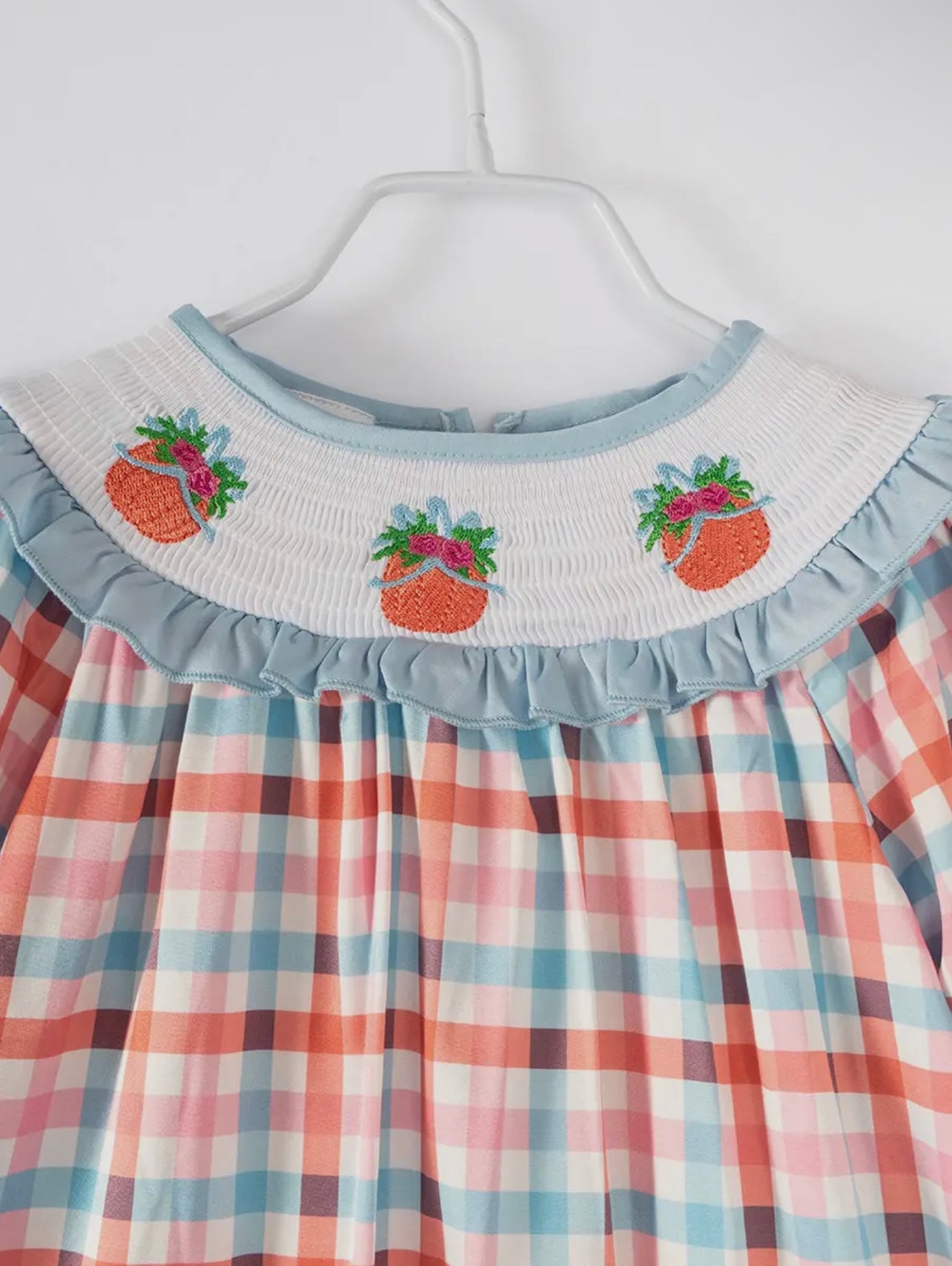Blue/Orange Plaid Pumpkin Embroidery Smocked Dress