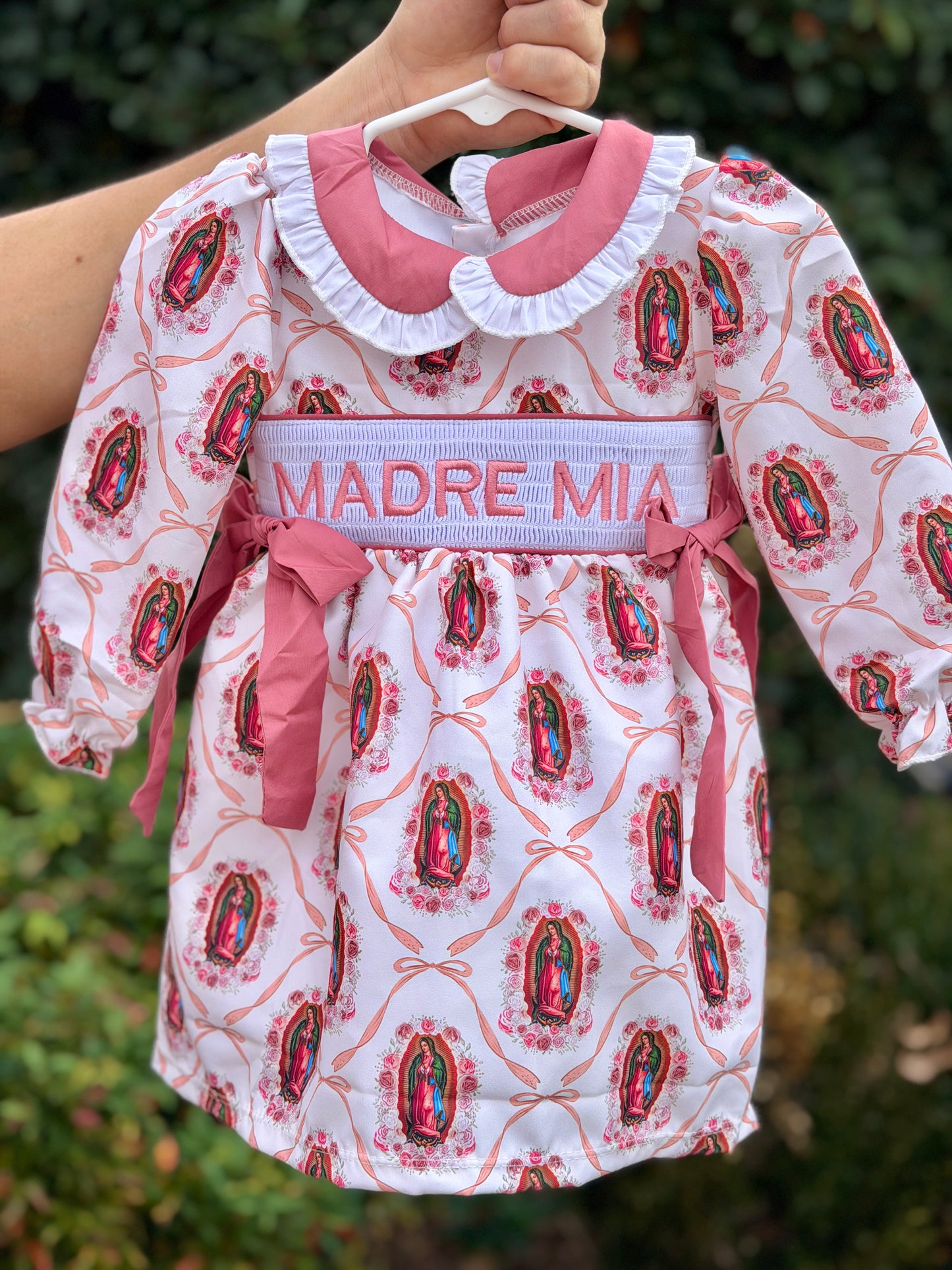“Madre Mia” Embroidery Virgencita & Bows Print Smock Dress