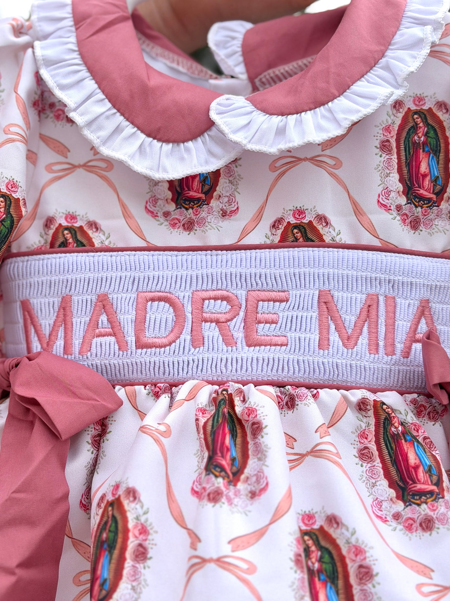 “Madre Mia” Embroidery Virgencita & Bows Print Smock Dress