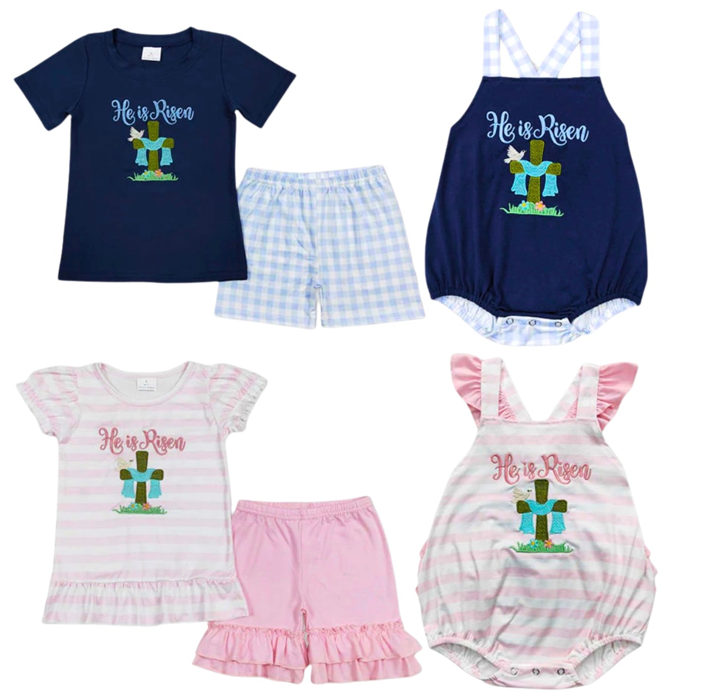Matching Siblings HE IS RISEN Cross Embroidery Short Set or Bubble