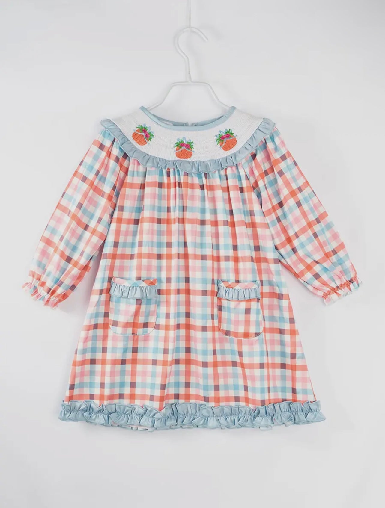 Blue/Orange Plaid Pumpkin Embroidery Smocked Dress