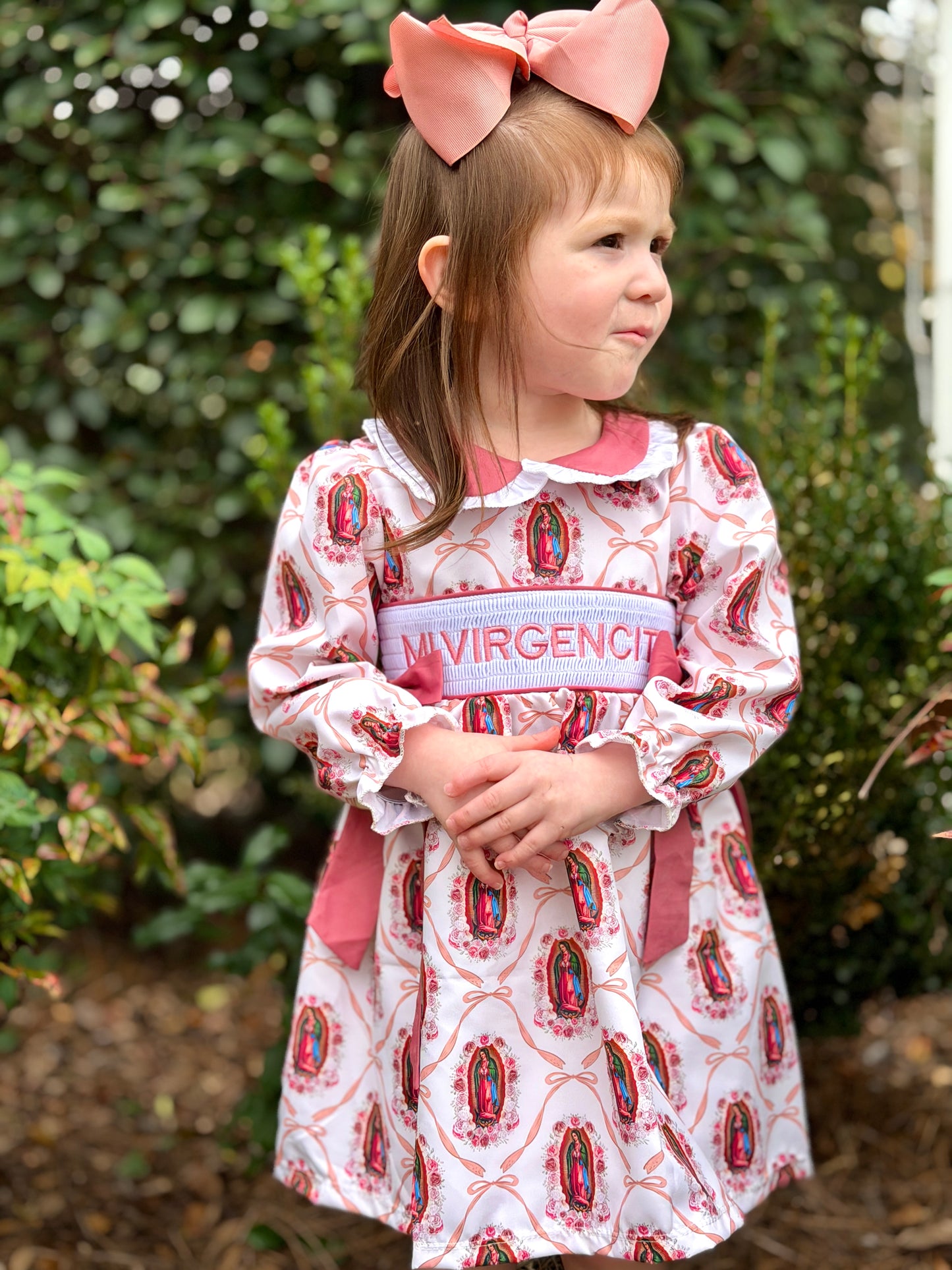 “Mi Virgencita” Embroidery Virgencita & Bows Print Smock Dress