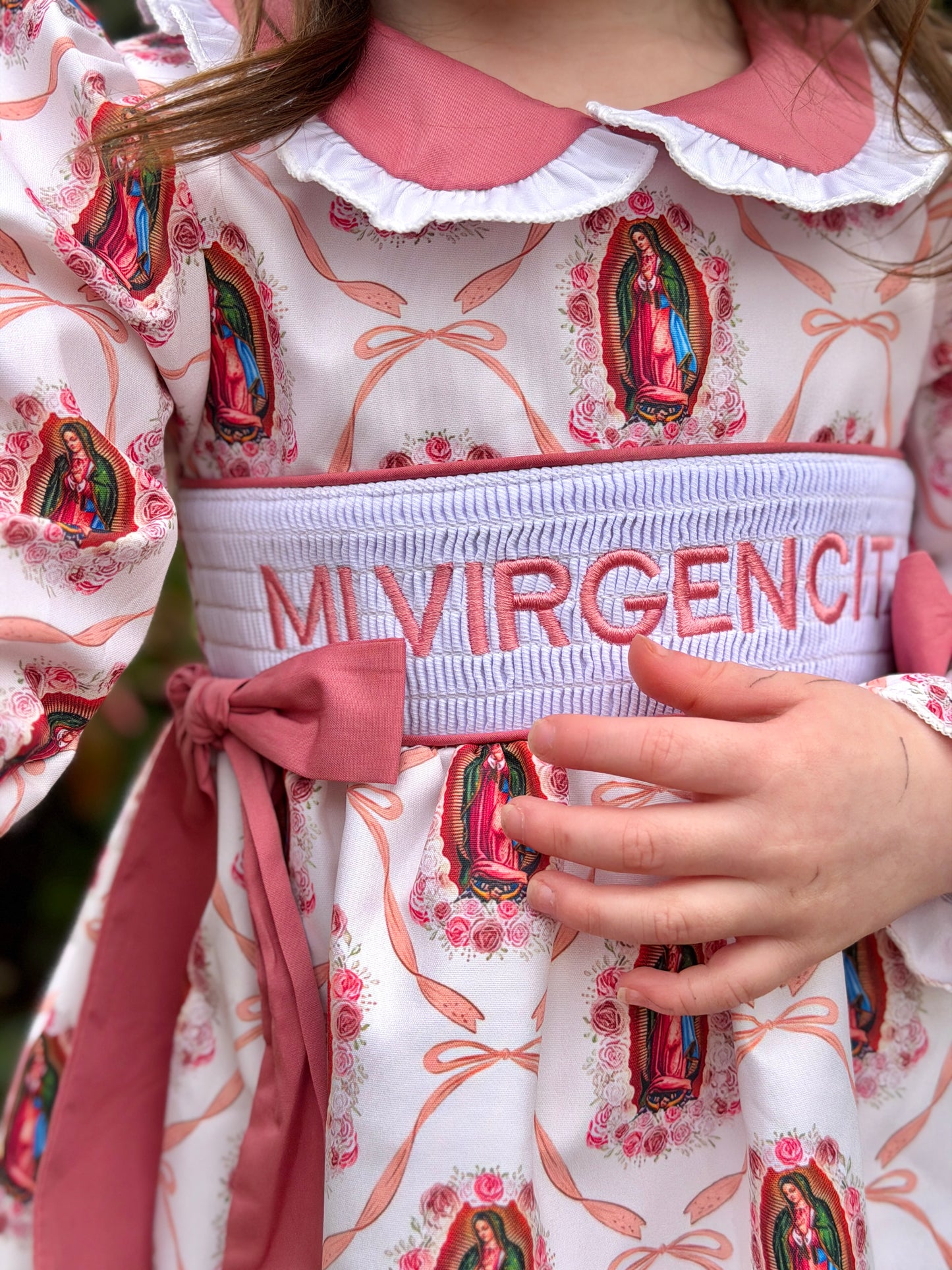 “Mi Virgencita” Embroidery Virgencita & Bows Print Smock Dress