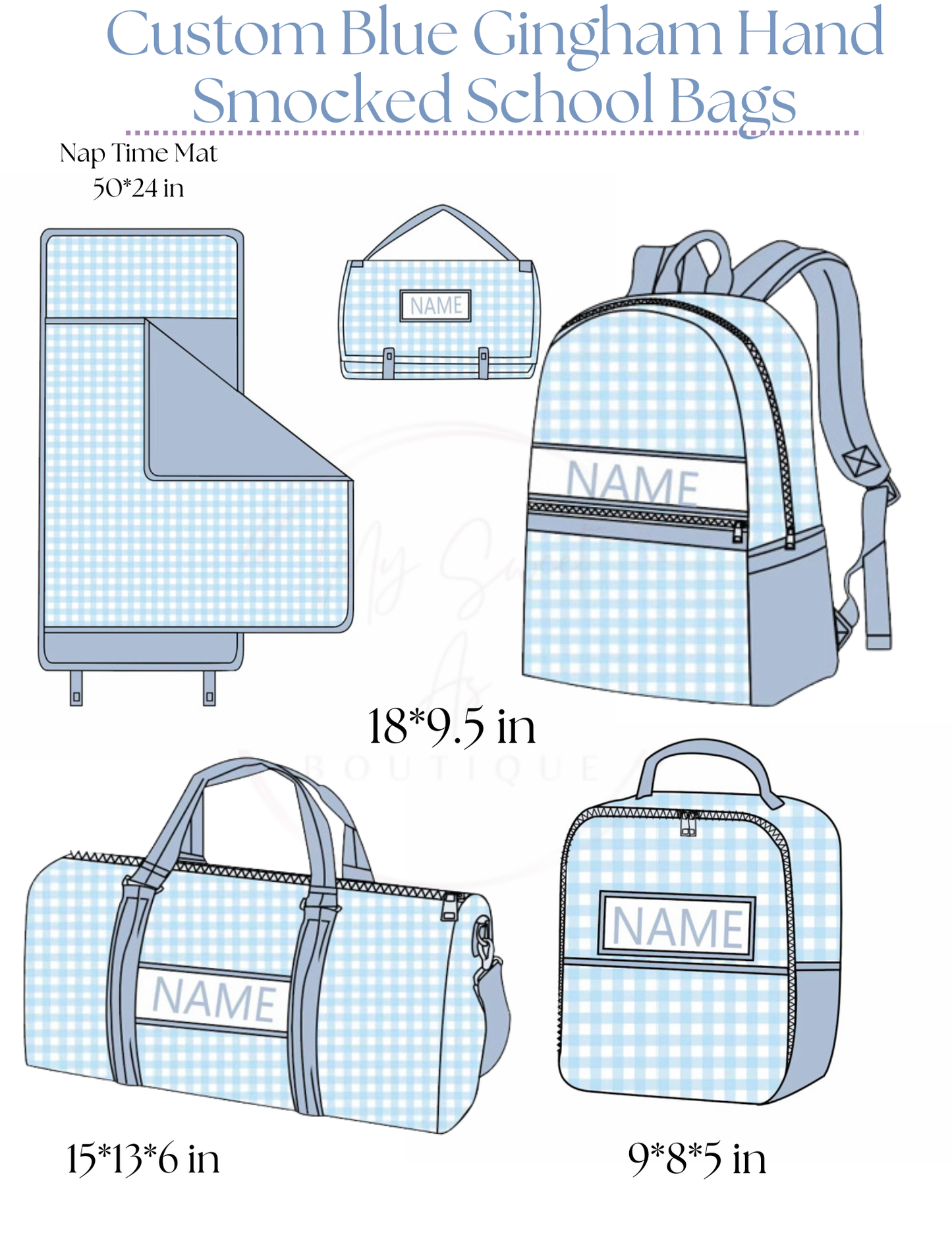 Custom Blue Gingham Hand Smocked School Bags