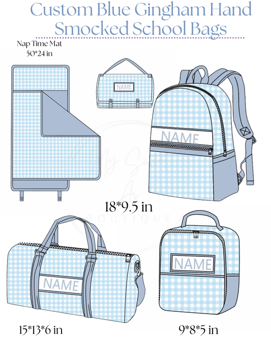 Custom Blue Gingham Hand Smocked School Bags