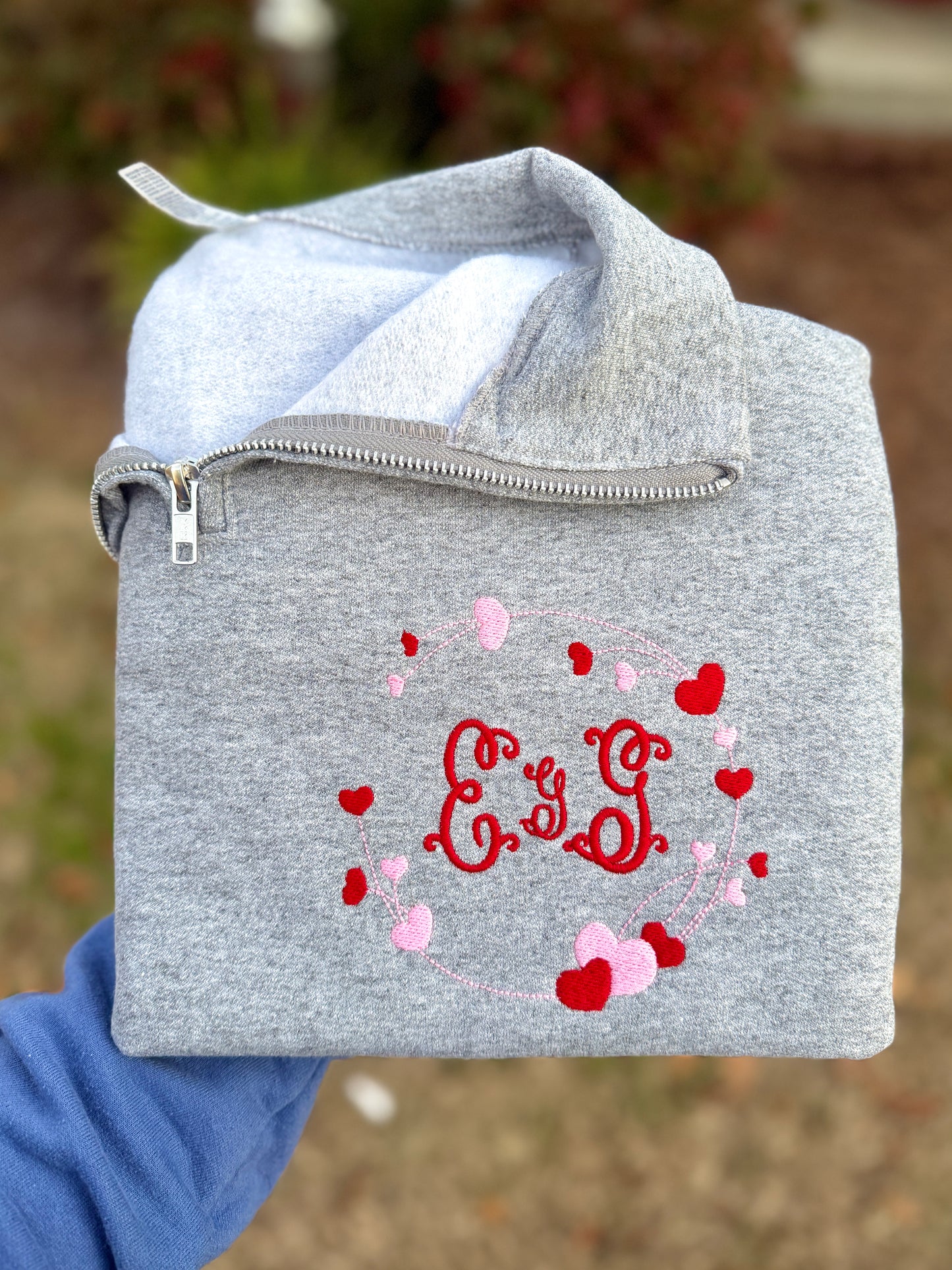 Valentines His & Hers Initials Embroidery Mini Hearts Frame Quarter-Zip Sweatshirt