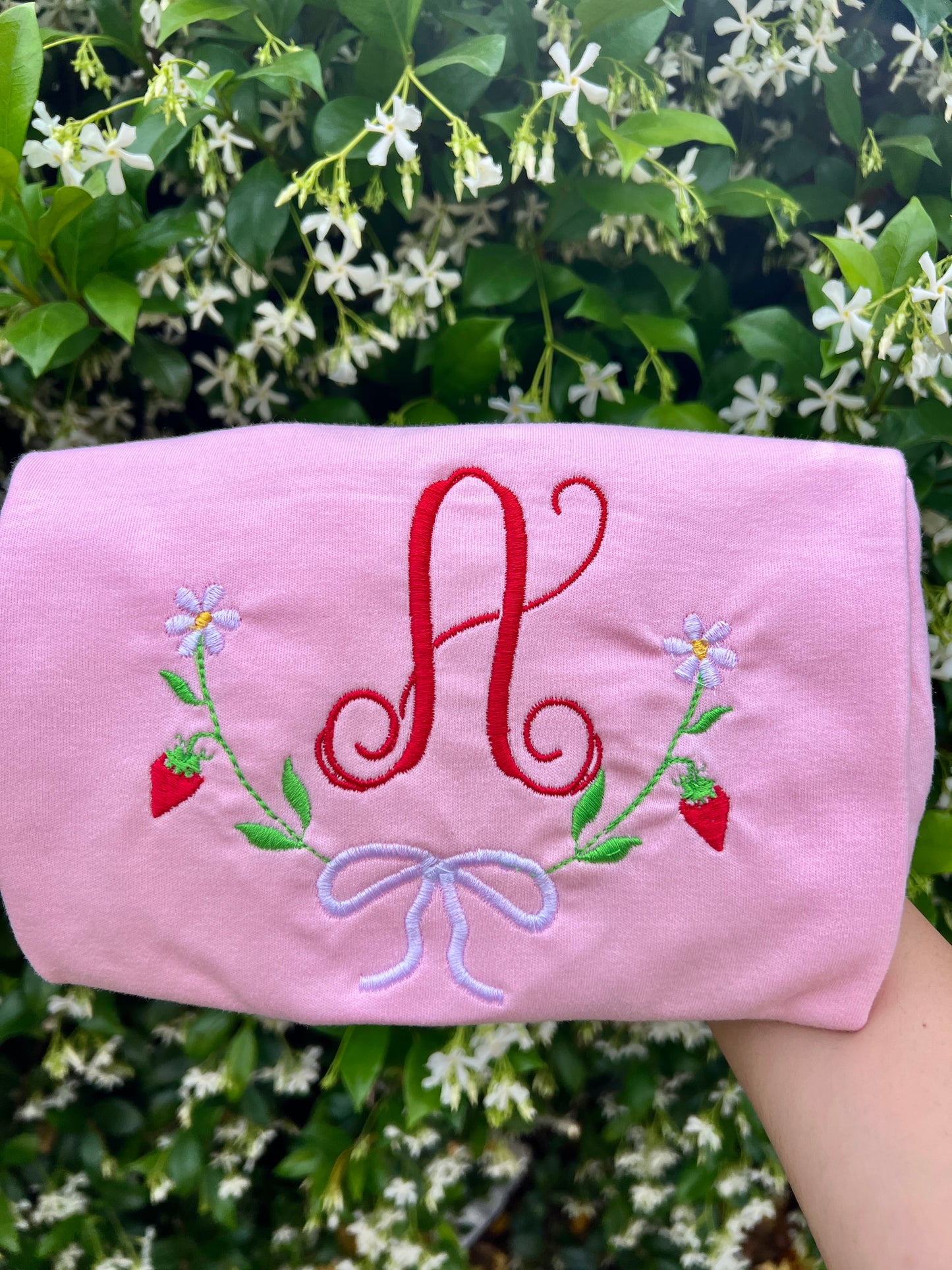Strawberries & Bow Initial Embroidery Shirt