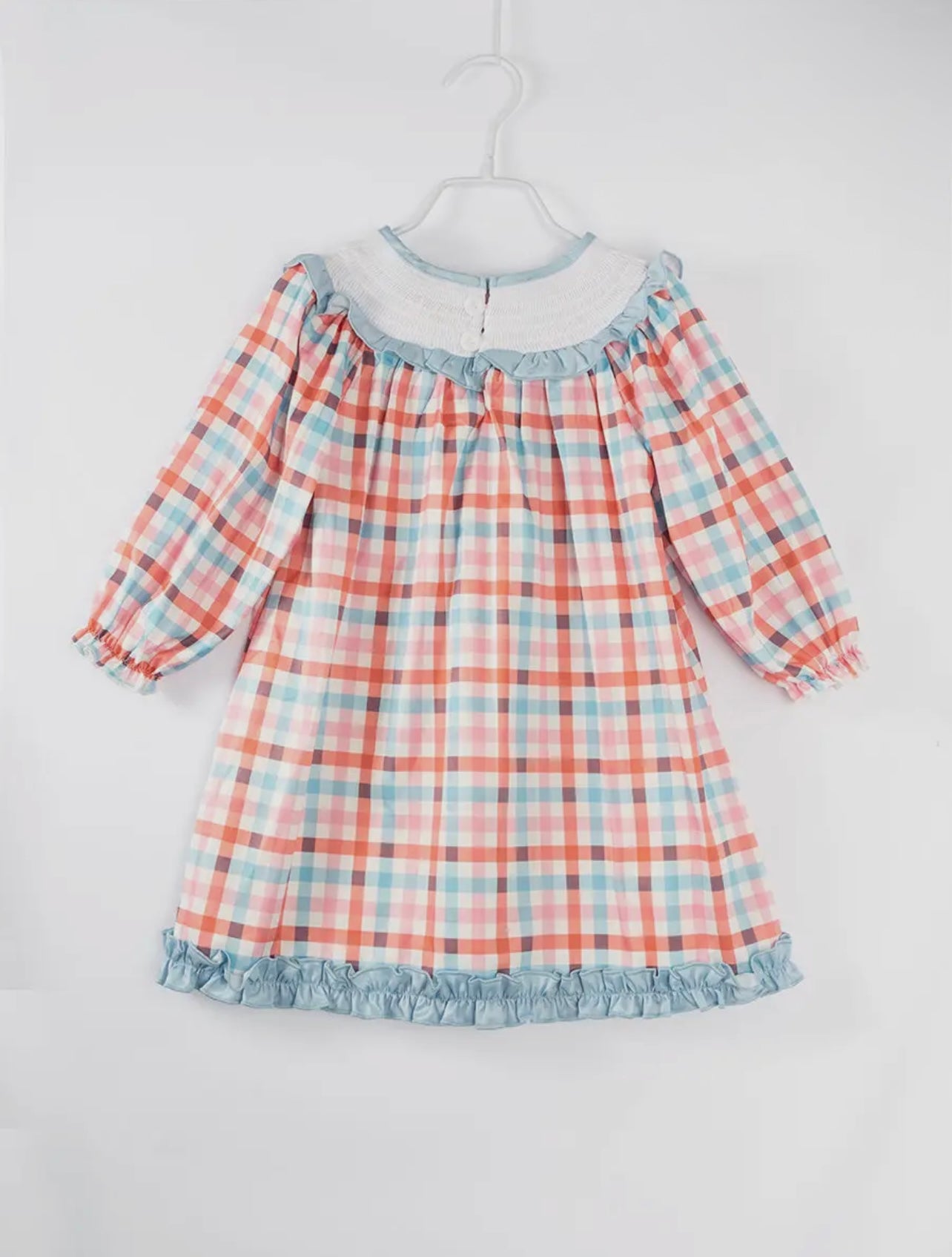 Blue/Orange Plaid Pumpkin Embroidery Smocked Dress