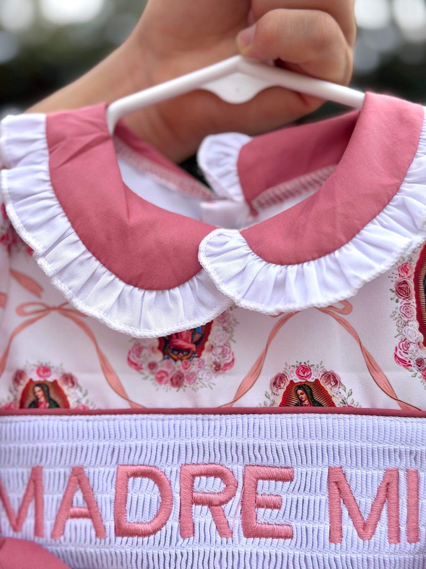 “Madre Mia” Embroidery Virgencita & Bows Print Smock Dress
