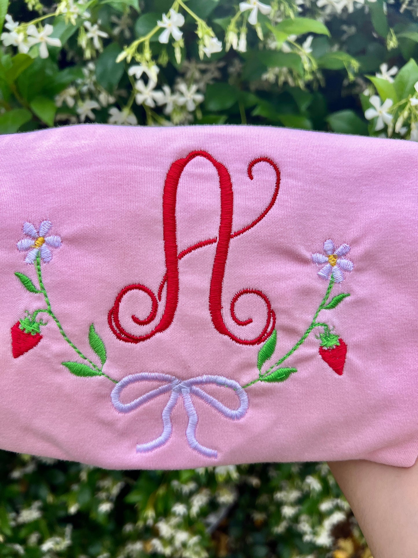 Strawberries & Bow Initial Embroidery Shirt