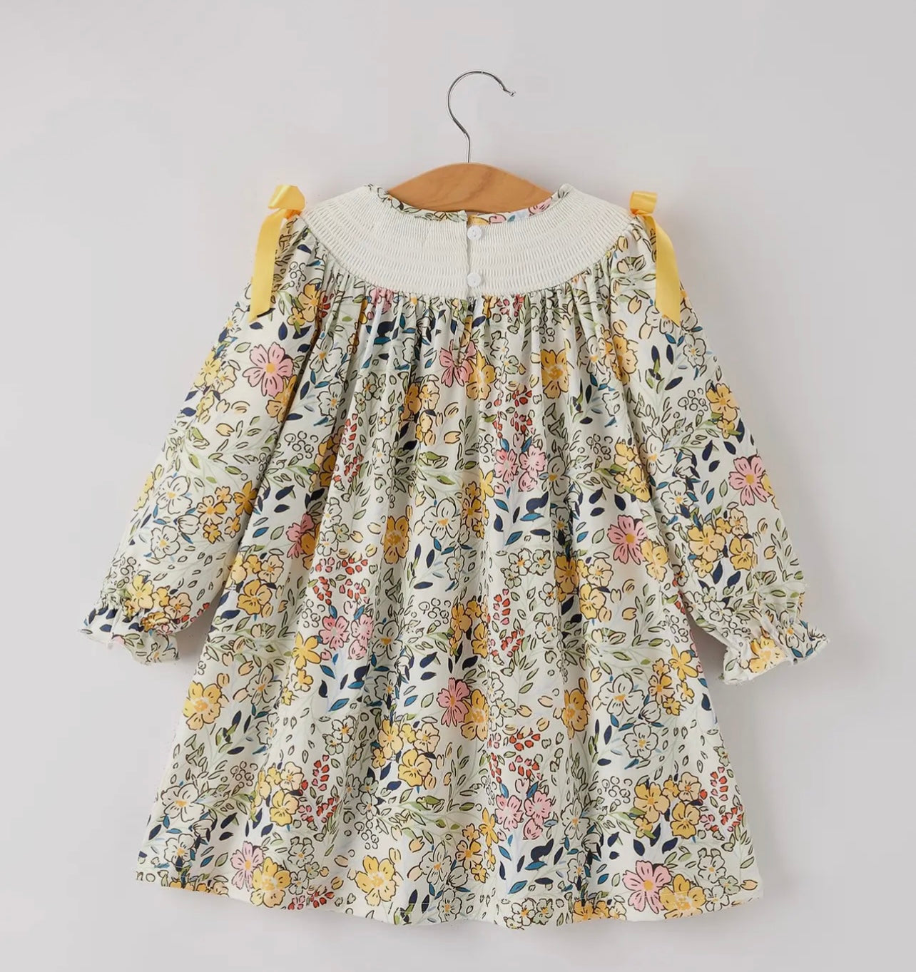 Smocking Bow Fall Floral Print Dress