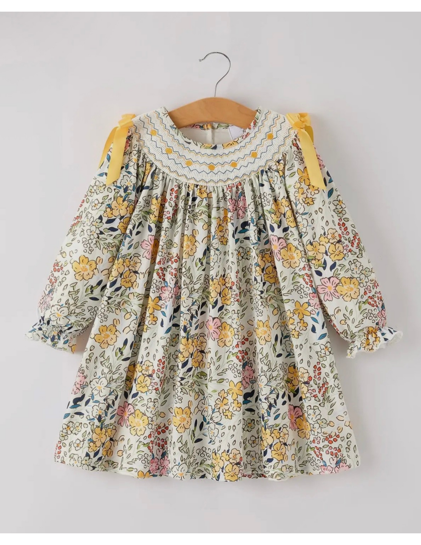 Smocking Bow Fall Floral Print Dress