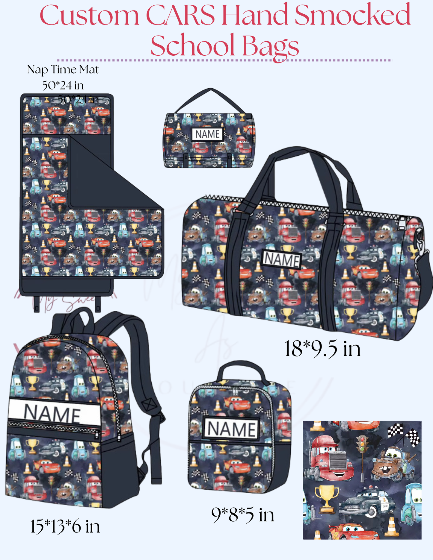 Custom CARS Hand Smocked School Bags