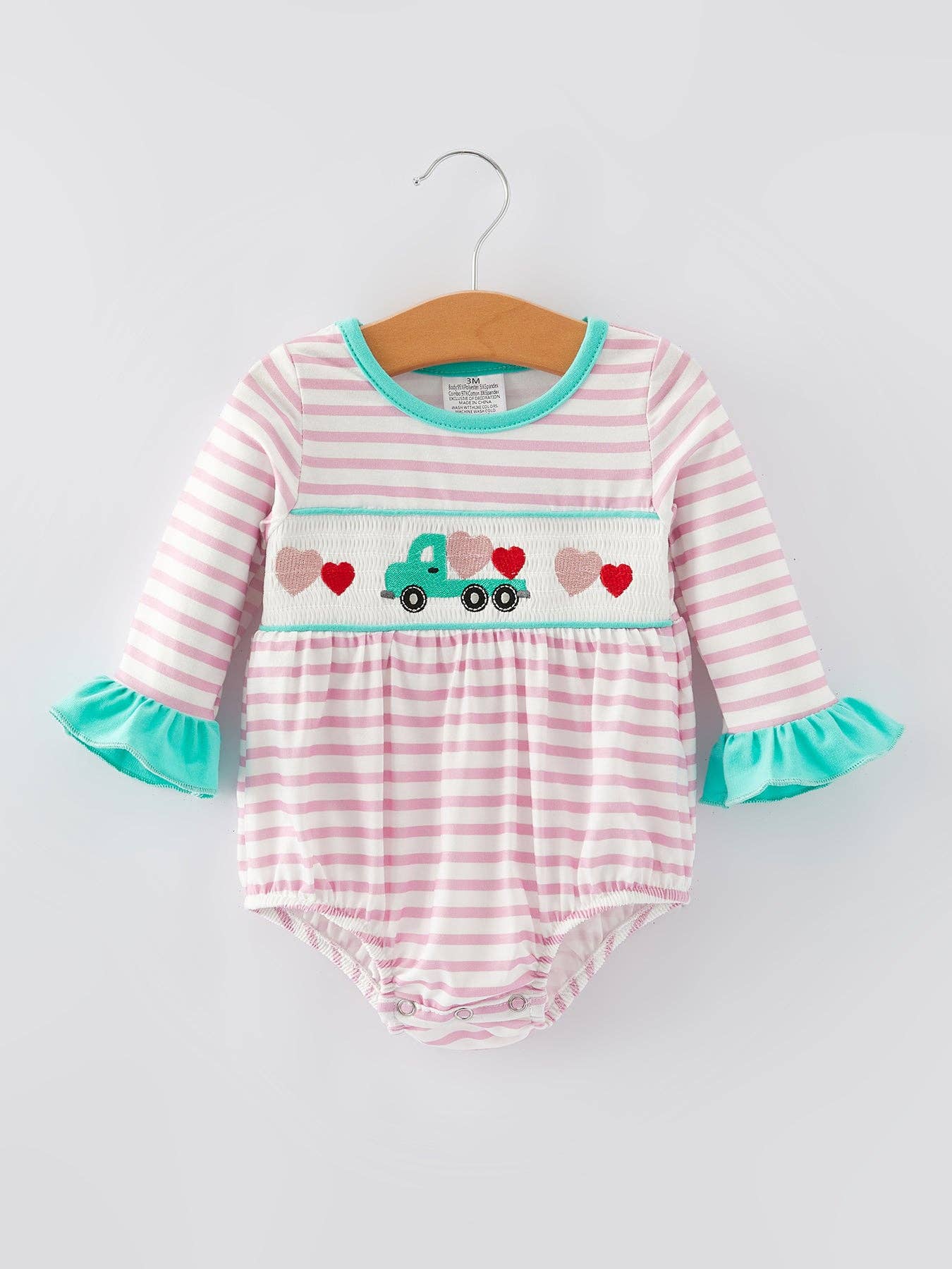 Valentine's Day Ruffle Stripe  Embroidery Smocked Romper